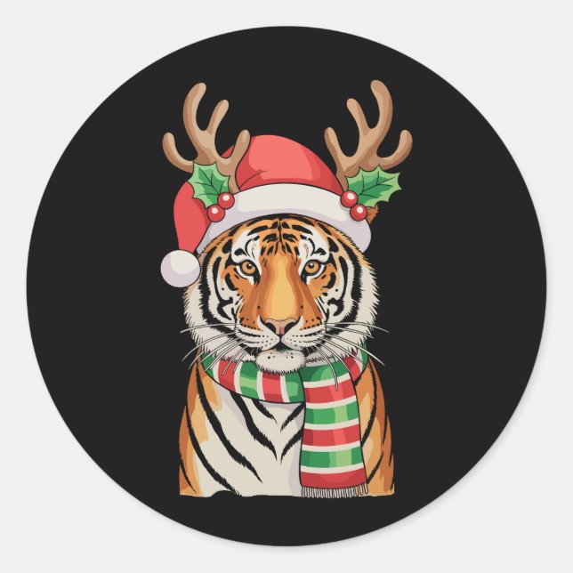 Tiger Reindeer Santa Hat Christmas Xmas Holiday Classic Round Sticker (Front)