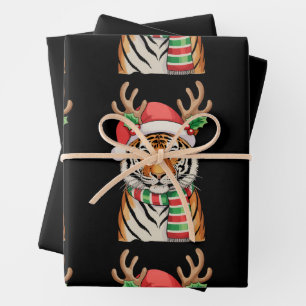 Tiger Reindeer Santa Hat Christmas Xmas Holiday Wrapping Paper Sheet