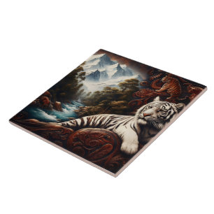 Tiger Relaxing by Mountain River Ceramic Tile