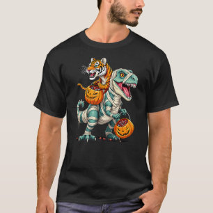 Tiger Riding Mummy T-Rex Dinosaur Halloween T-Shirt