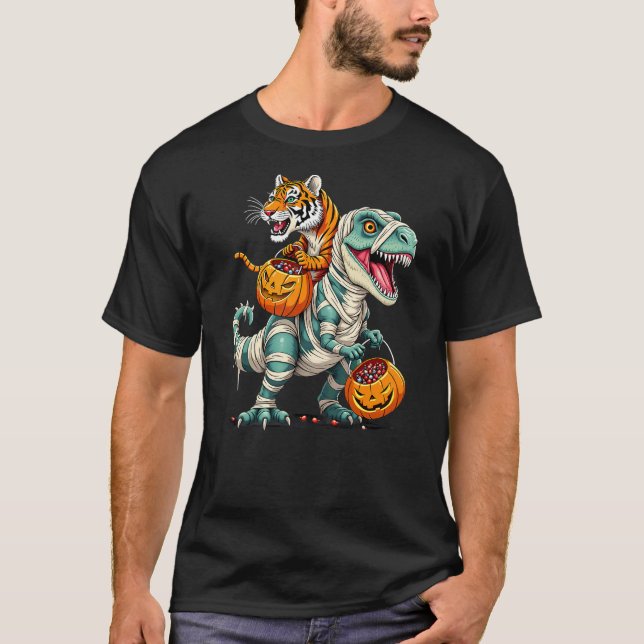 Tiger Riding Mummy T-Rex Dinosaur Halloween T-Shirt (Front)