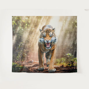 Tiger Roaring  in a Backlit Jungle Tapestry