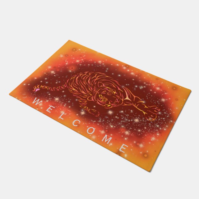 Tiger Running At Starry Night Doormat Welcome (Angled)