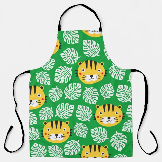 Tiger seamless pattern with tropical leaves. Kid b Apron (Front)