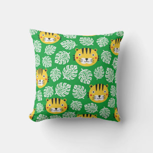 Tiger seamless pattern with tropical leaves. Kid b Cushion