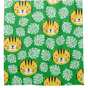 Tiger seamless pattern with tropical leaves. Kid b Shower Curtain