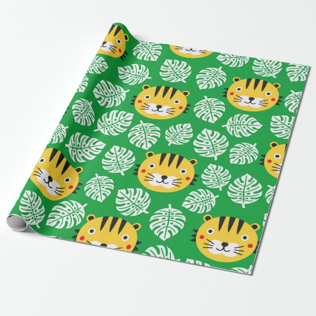 Tiger seamless pattern with tropical leaves. Kid b Wrapping Paper (Unrolled)
