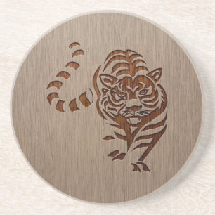 Tiger silhouette engraved on wood design coaster