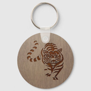 Tiger silhouette engraved on wood design key ring