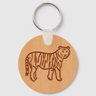 Tiger silhouette engraved on wood design key ring