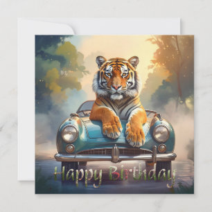 Tiger sitting on a sports car Happy Birthday