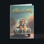 Tiger sitting on a sports car Happy birthday Card<br><div class="desc">Tiger sitting on a vintage sports car</div>