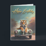 Tiger sitting on a sports car Happy birthday Card<br><div class="desc">Tiger sitting on a vintage sports car</div>