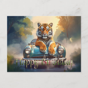 Tiger sitting on a sports car Happy Birthday Postcard