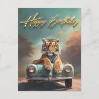 Tiger sitting on a sports car Happy birthday