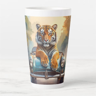 Tiger sitting on a sports car latte mug