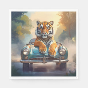 Tiger sitting on a sports car napkin