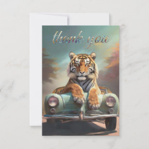 Tiger sitting on a sports car thank you card
