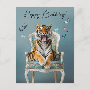 Tiger sitting on a vintage chair blue butterflies postcard