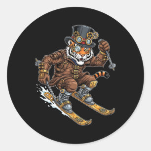 Tiger Skier Steampunk Goggles Top Hat Gears  Classic Round Sticker