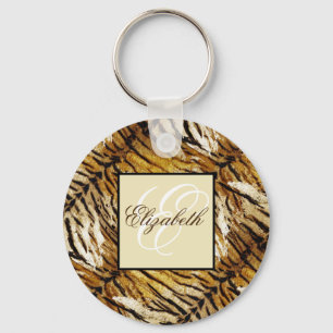 Tiger skin, monogram, stylish, tiger, striped key ring