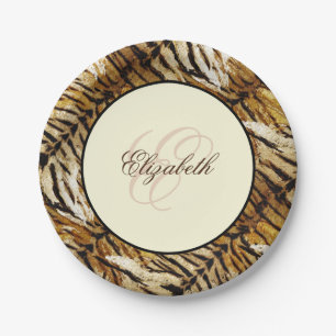 Tiger skin, monogram, stylish, tiger, striped paper plate