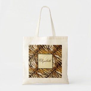 Tiger skin, monogram, stylish, tiger, striped tote bag