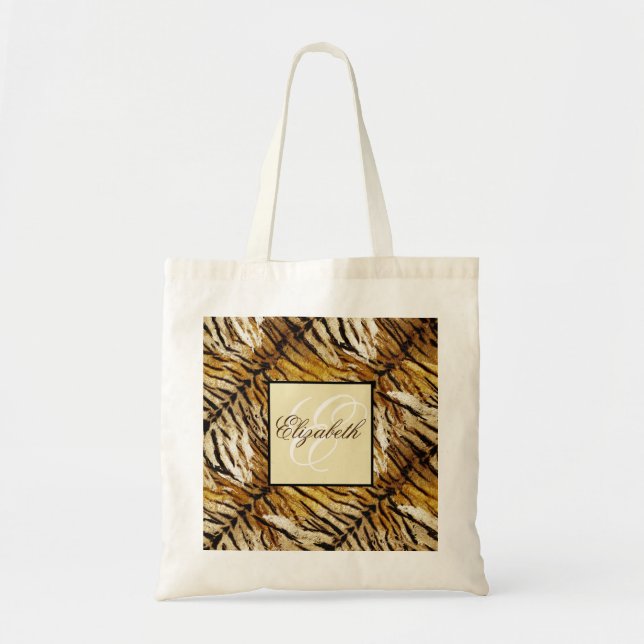 Tiger skin, monogram, stylish, tiger, striped tote bag (Front)