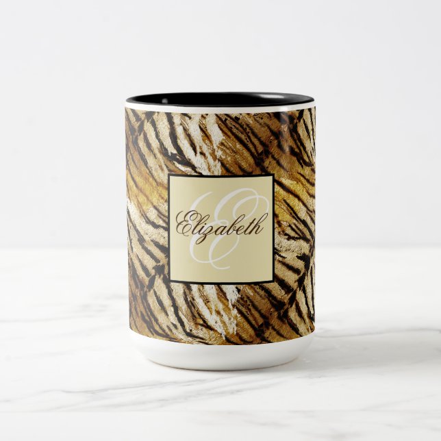 Tiger skin, monogram, stylish, tiger, striped Two-Tone coffee mug (Center)