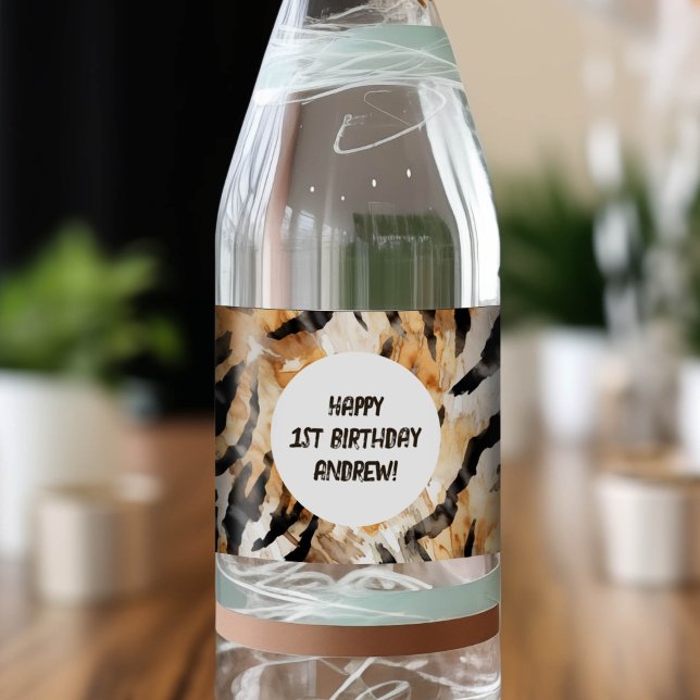 Tiger skin pattern, Safari Boy 1st birthday Water Bottle Label (Tiger skin pattern, Wild One Boy 1st birthday favor box.)