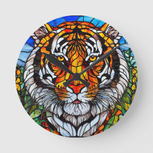Tiger stained glass round clock