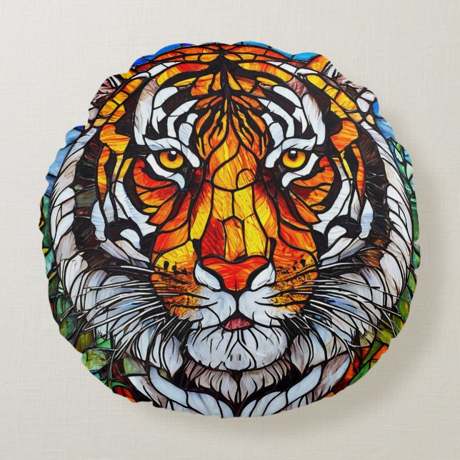 Tiger stained glass round cushion (Front)