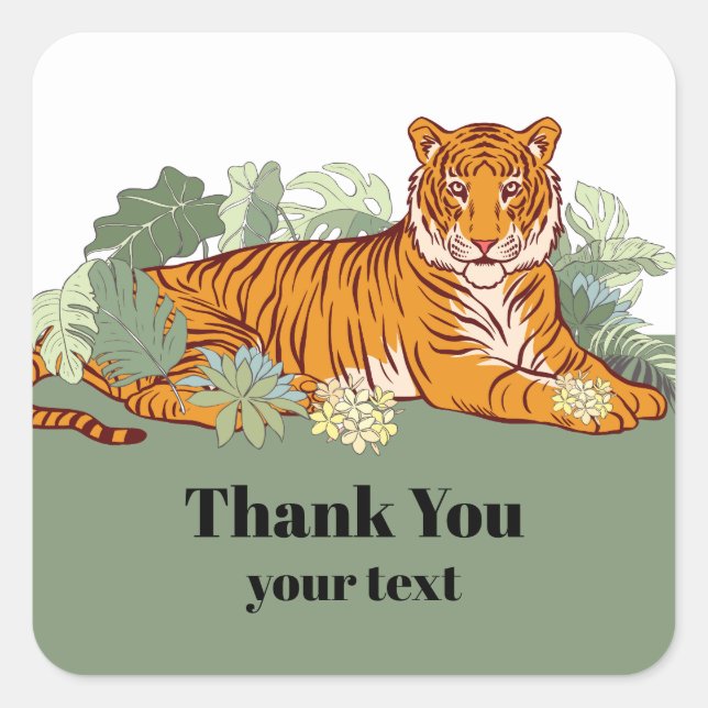 Tiger sticker, greeting , thank you animal jungle square sticker (Front)