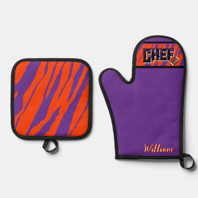 Tiger Stripe Purple Orange Football Design Oven Mitt & Pot Holder Set (Front)