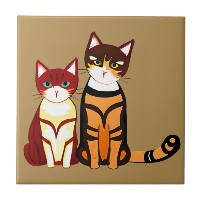 Tiger Striped Cat and Ginger Kitten Ceramic Tile (Front)