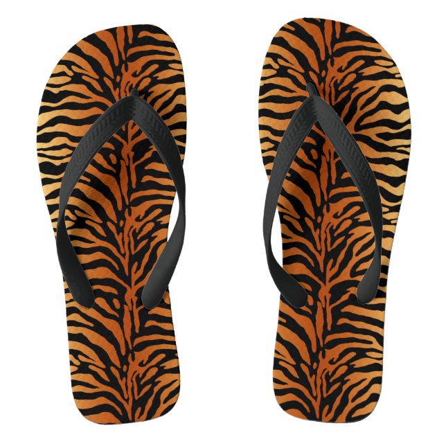Tiger Stripes Animal Print, Amber, Black and Tan Thongs (Footbed)