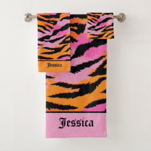 Tiger Stripes Animal Print Lavender& Orange Name Bath Towel Set