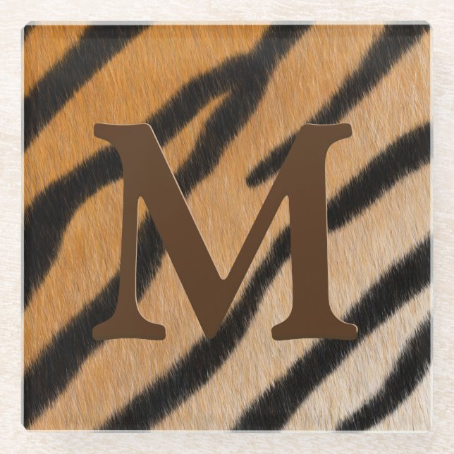 Tiger Stripes Animal Print Mahogany Monogram Glass Coaster (Front)
