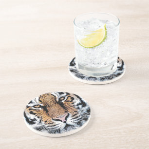 Tiger stripes Portrait in Graphic Press Style Coaster