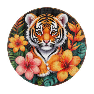 Tiger Surrounded by Tropical Flowers Cutting Board