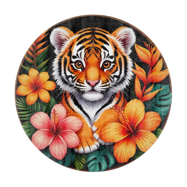 Tiger Surrounded by Tropical Flowers Cutting Board (Front)
