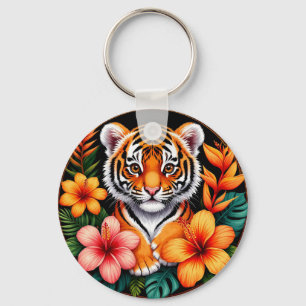 Tiger Surrounded by Tropical Flowers Key Ring