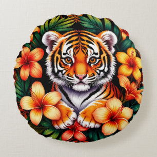 Tiger Surrounded by Tropical Flowers Round Cushion