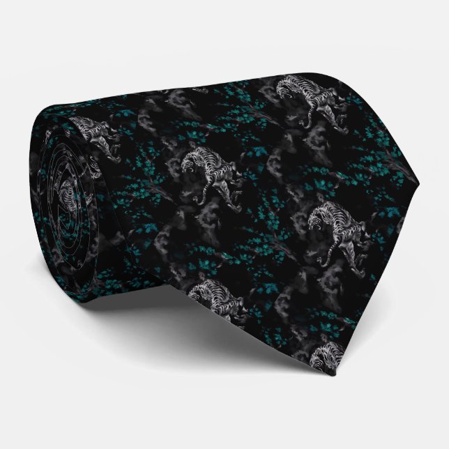 Tiger surrounded by turquoise flowers Cravate Tie (Rolled)