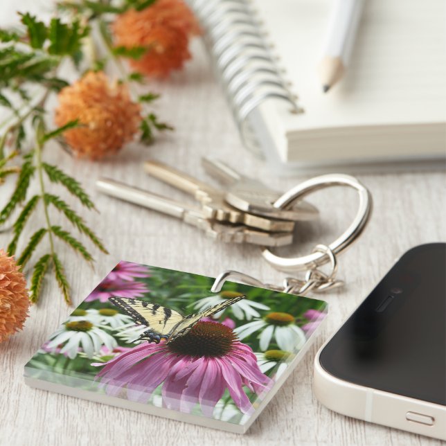 Tiger Swallowtail Butterfly Coneflower Keychain (Front Right)