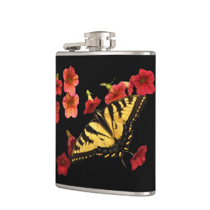 Tiger Swallowtail Butterfly on Red Flowers Hip Flask
