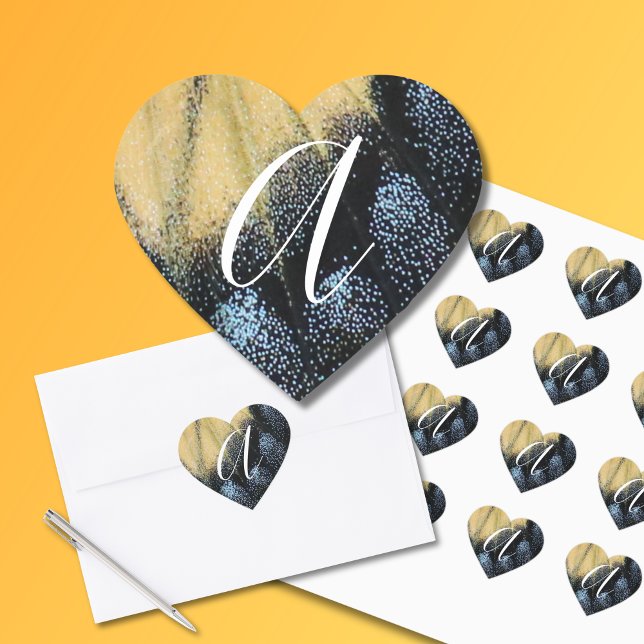 Tiger Swallowtail Butterfly Wing  Heart Sticker (This butterfly wing heart sticker envelope seal allows you to personalize with your initial.)
