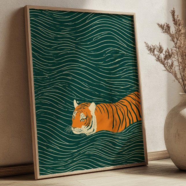 Tiger Swimming Through Green Waves Zen Wall Art (Creator Uploaded)