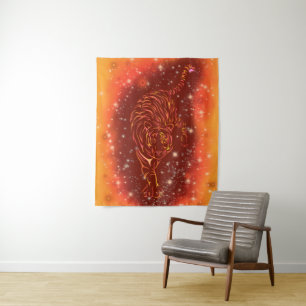 Tiger Tapestry Running In Red Starry Night