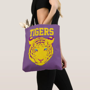 Tiger Team Sports Mascot Yellow Purple Tote Bag